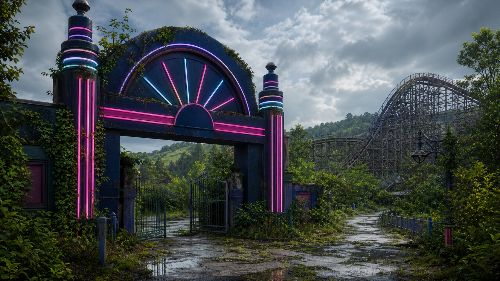 Overgrown abandoned theme park entrance with a wooden coaster in the background